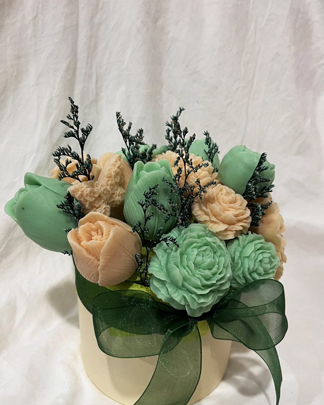 Bloom & Beyond soap flower arrangement in cream and green