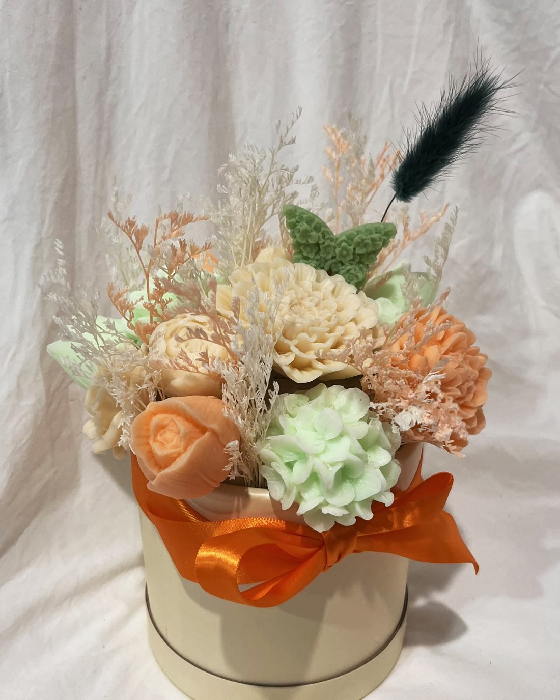 Bloom & Beyond soap flower arrangement in peach, white and green