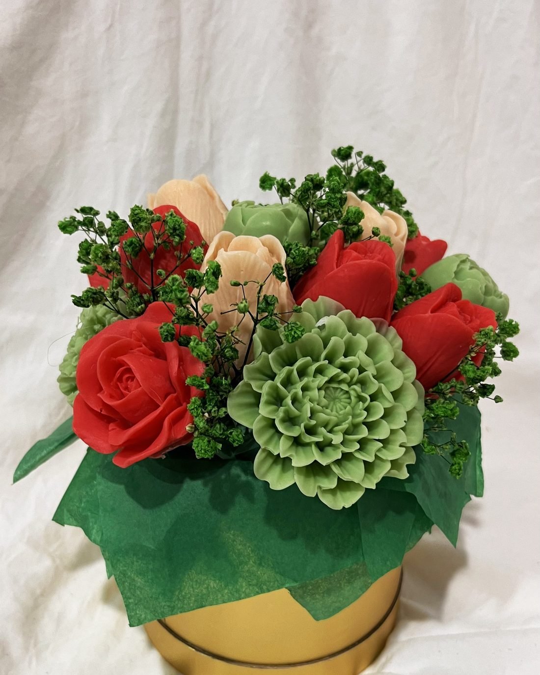 Bloom & Beyond soap flower arrangement in red, cream and green