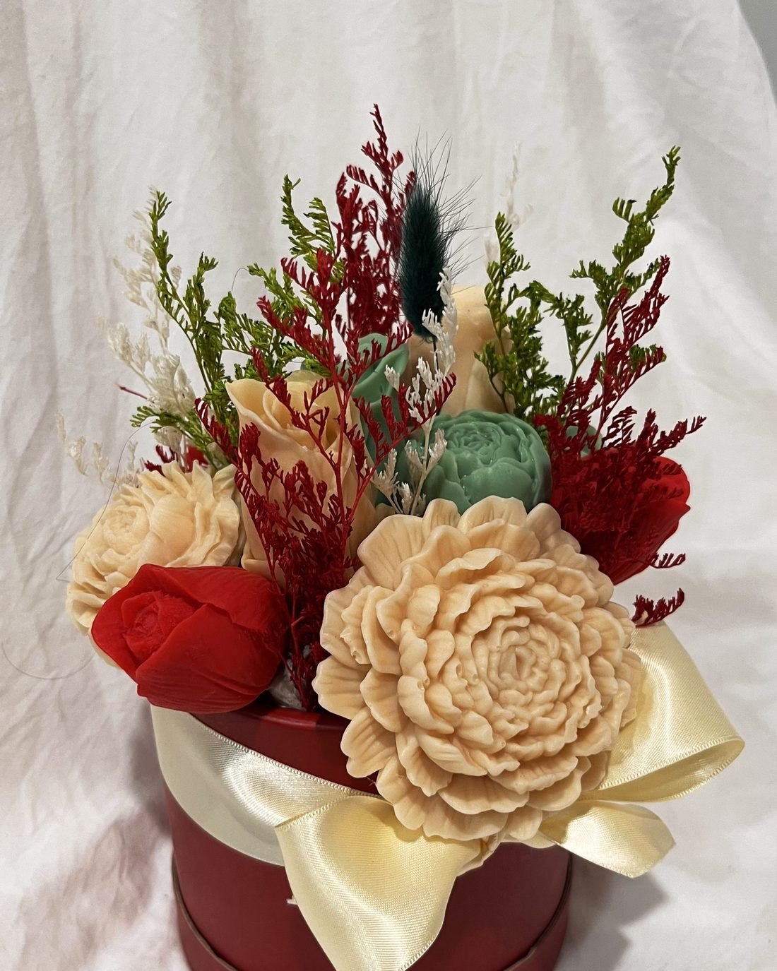 Bloom & Beyond soap flower arrangement in red, cream and green