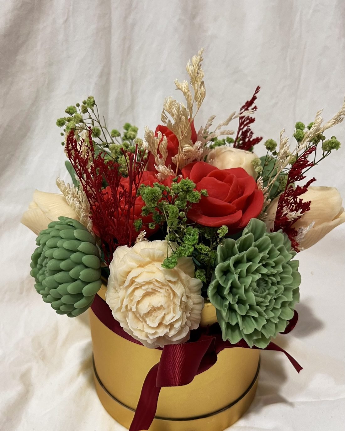 Bloom & Beyond soap flower arrangement in red, white and green
