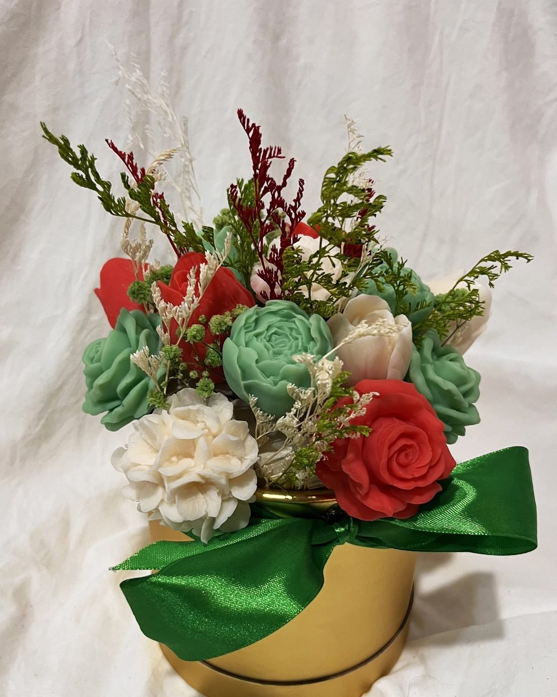 Bloom & Beyond soap flower arrangement in red, white and green