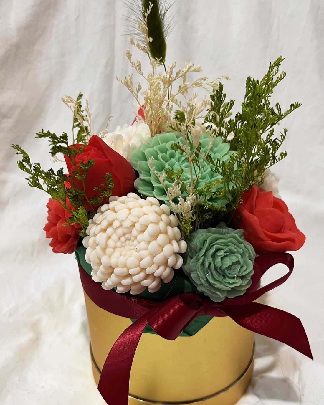 Bloom & Beyond soap flower arrangement in red, white and green