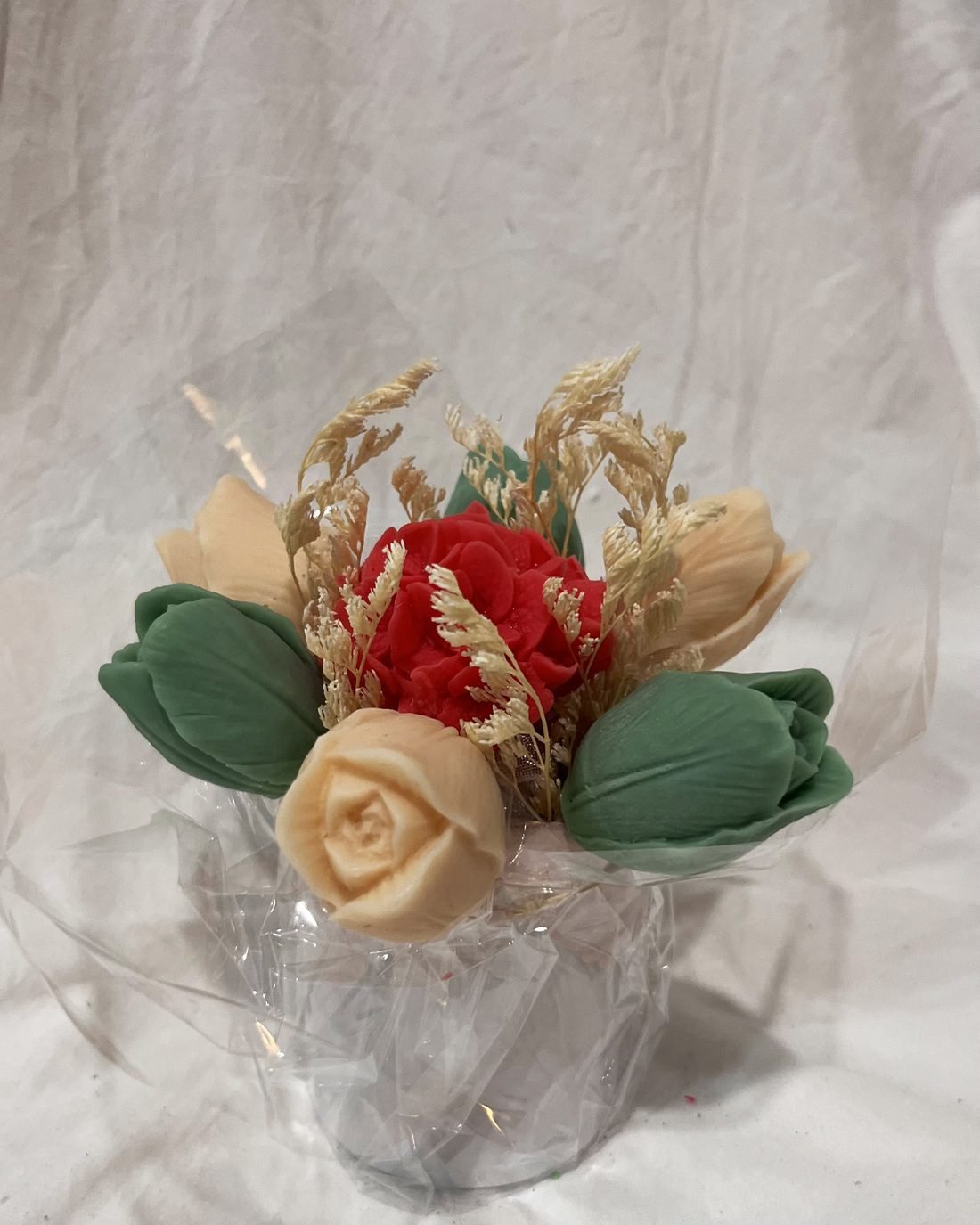 Micro Meadow soap flower arrangement in green, white and red