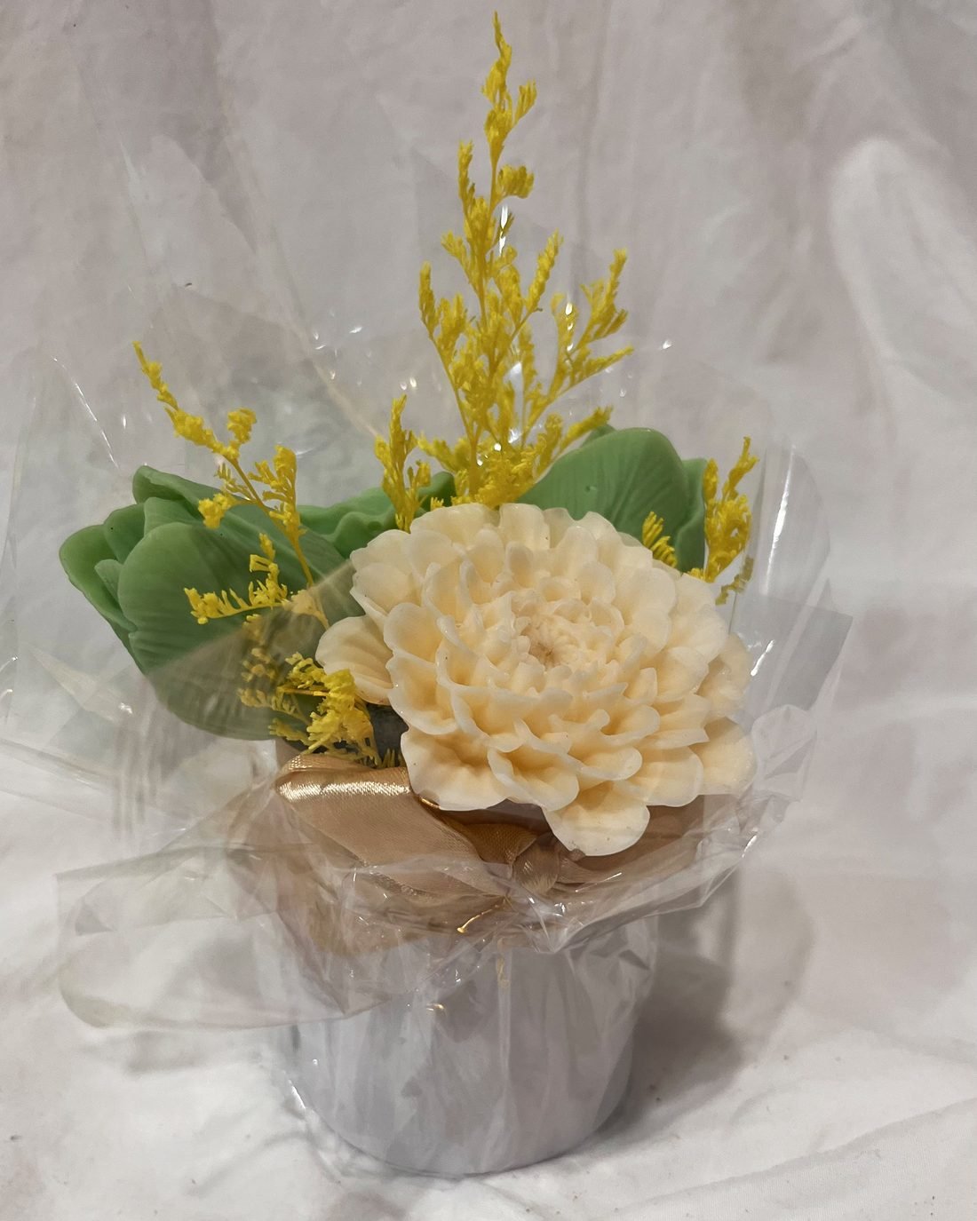Micro Meadow soap flower arrangement in green and white