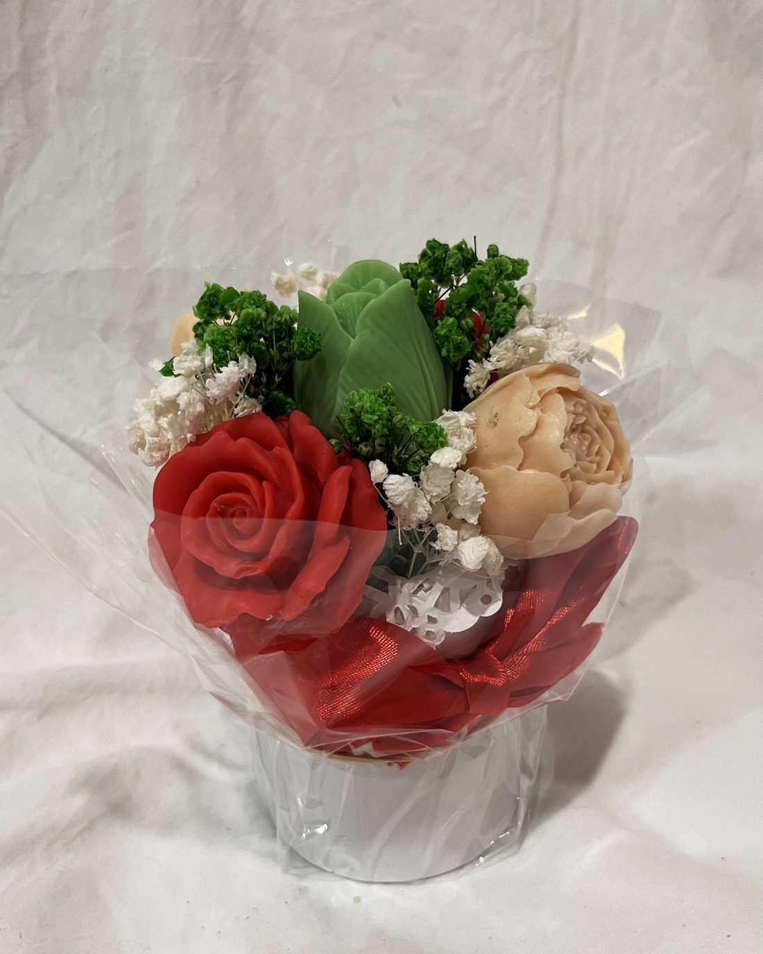 Micro Meadow soap flower arrangement in red, green and cream