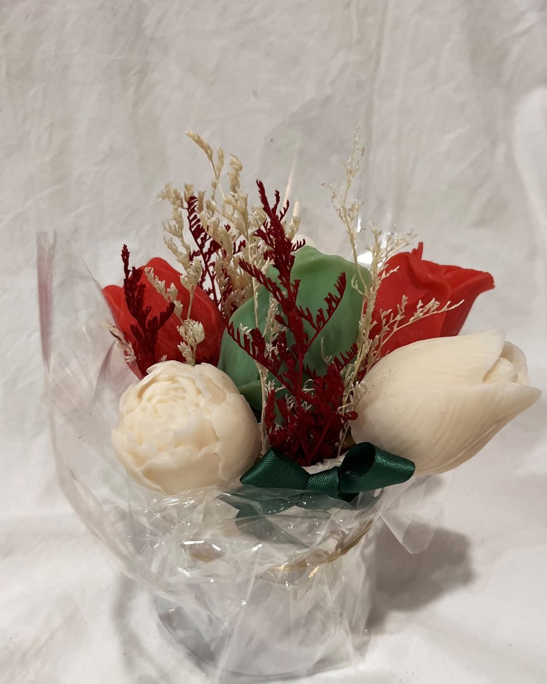 Micro Meadow soap flower arrangement in red, green and white