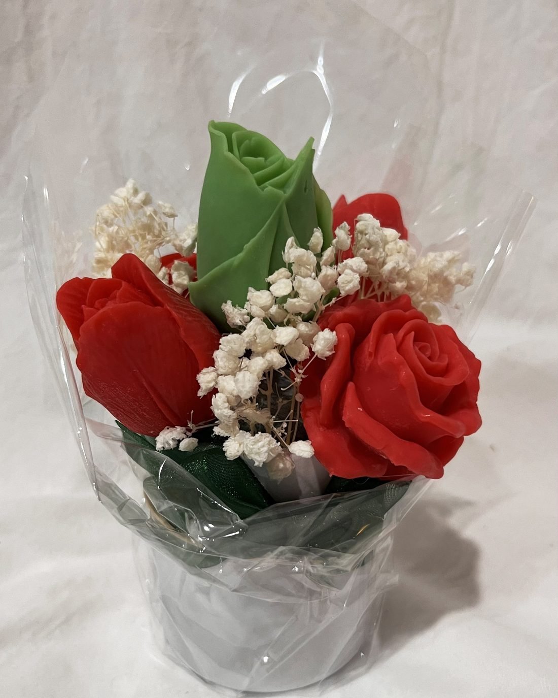 Micro Meadow soap flower arrangement in red and green