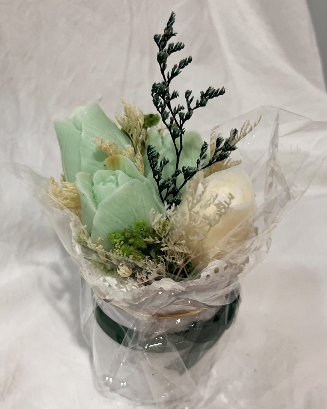 Micro Meadow soap flower arrangement in white and green