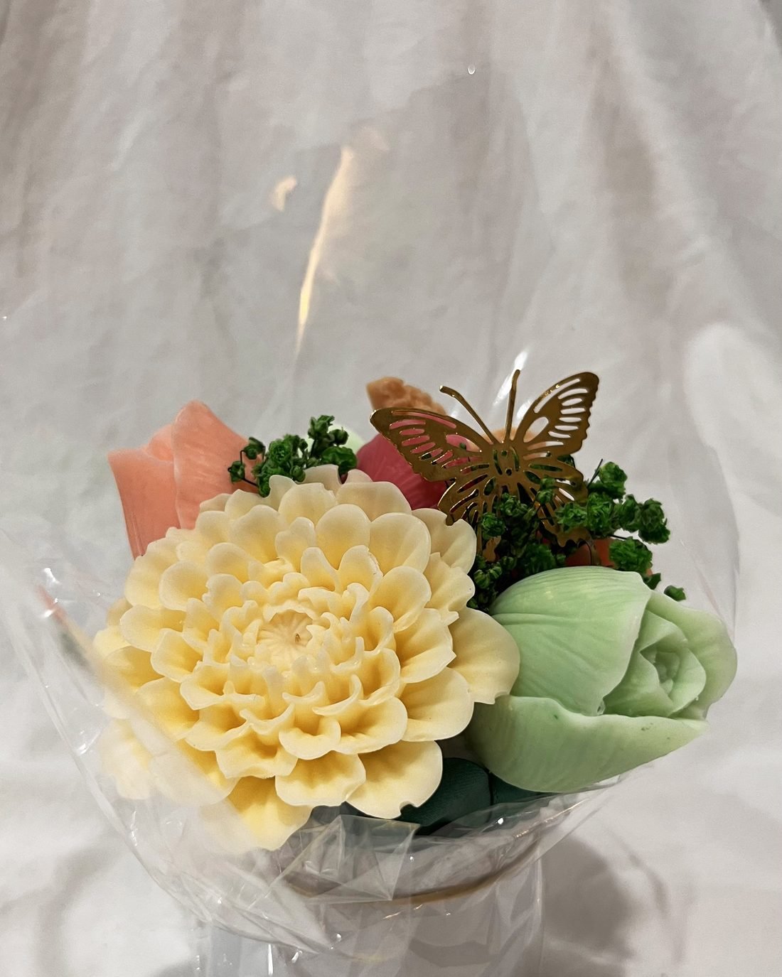 Micro Meadow soap flower arrangement in white, red, pink and green
