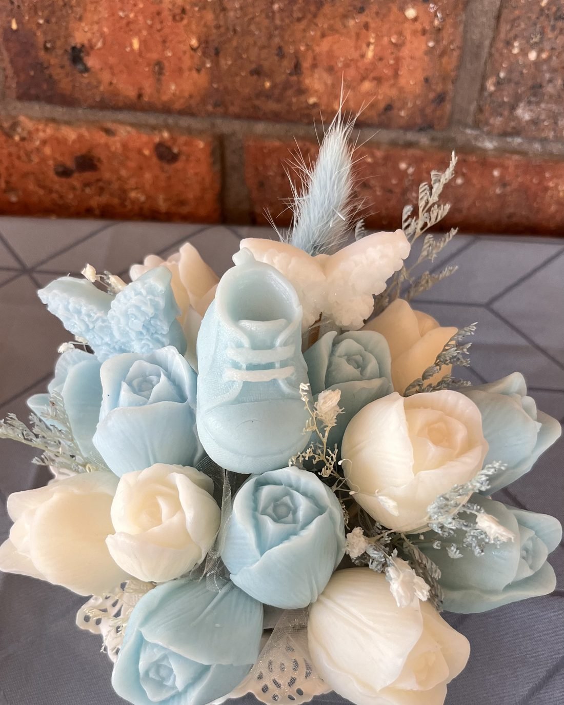 Petal Paradise soap flower arrangement in blue and white