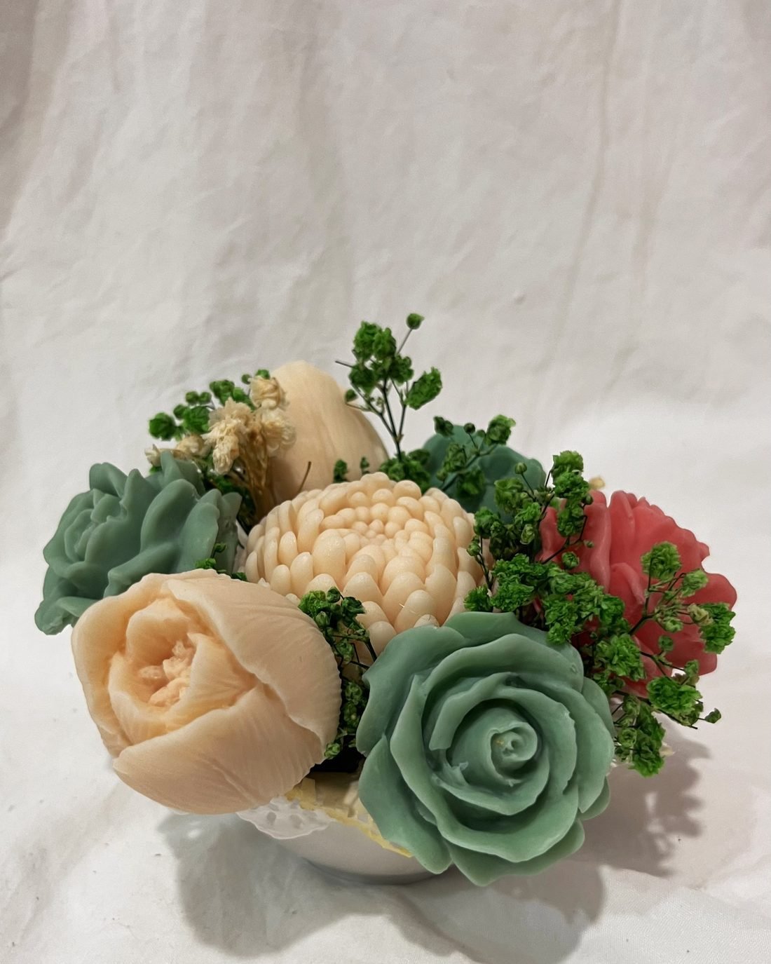 Petal Paradise soap flower arrangement in green, cream and red