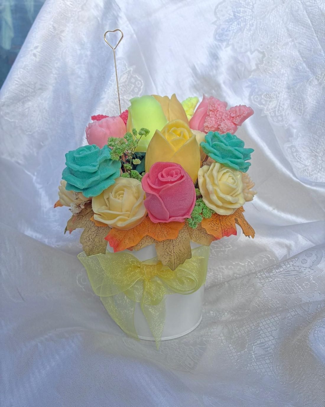 Petal Paradise soap flower arrangement in green, yellow, pink and white