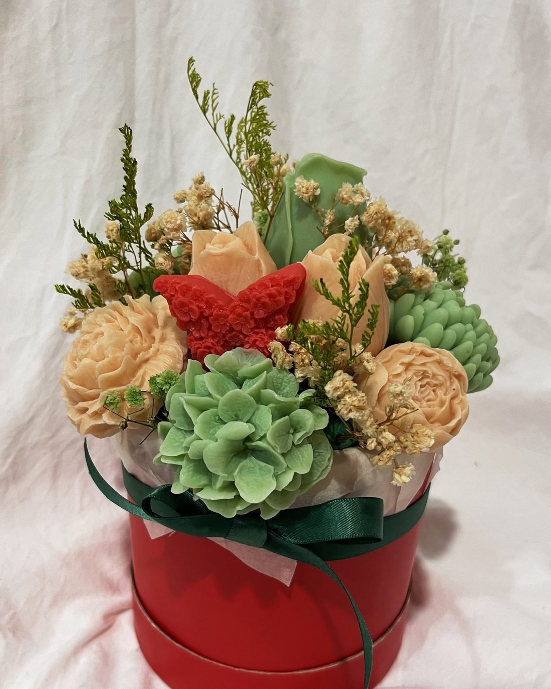 Petal Paradise soap flower arrangement in red, cream and green