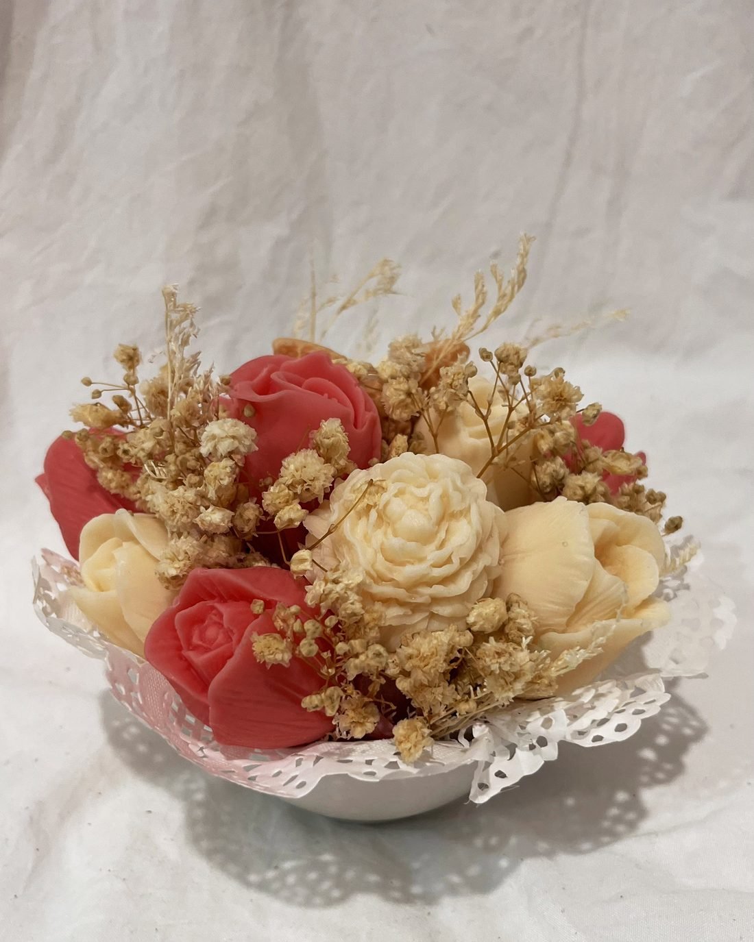 Petal Paradise soap flower arrangement in red and cream
