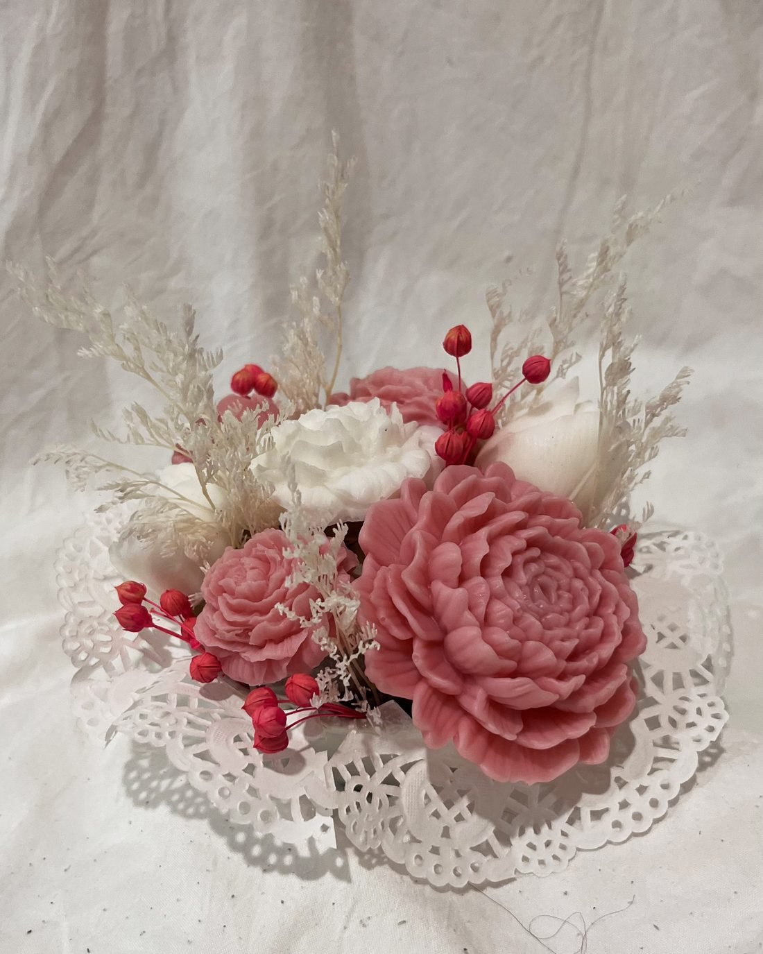 Petal Paradise soap flower arrangement in white and pink