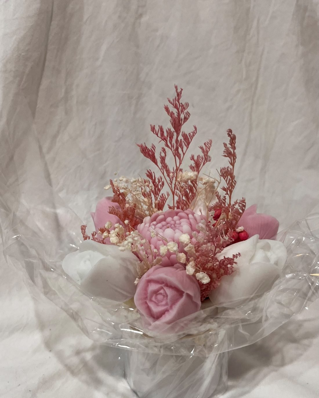 Petal Paradise soap flower arrangement in white and pink