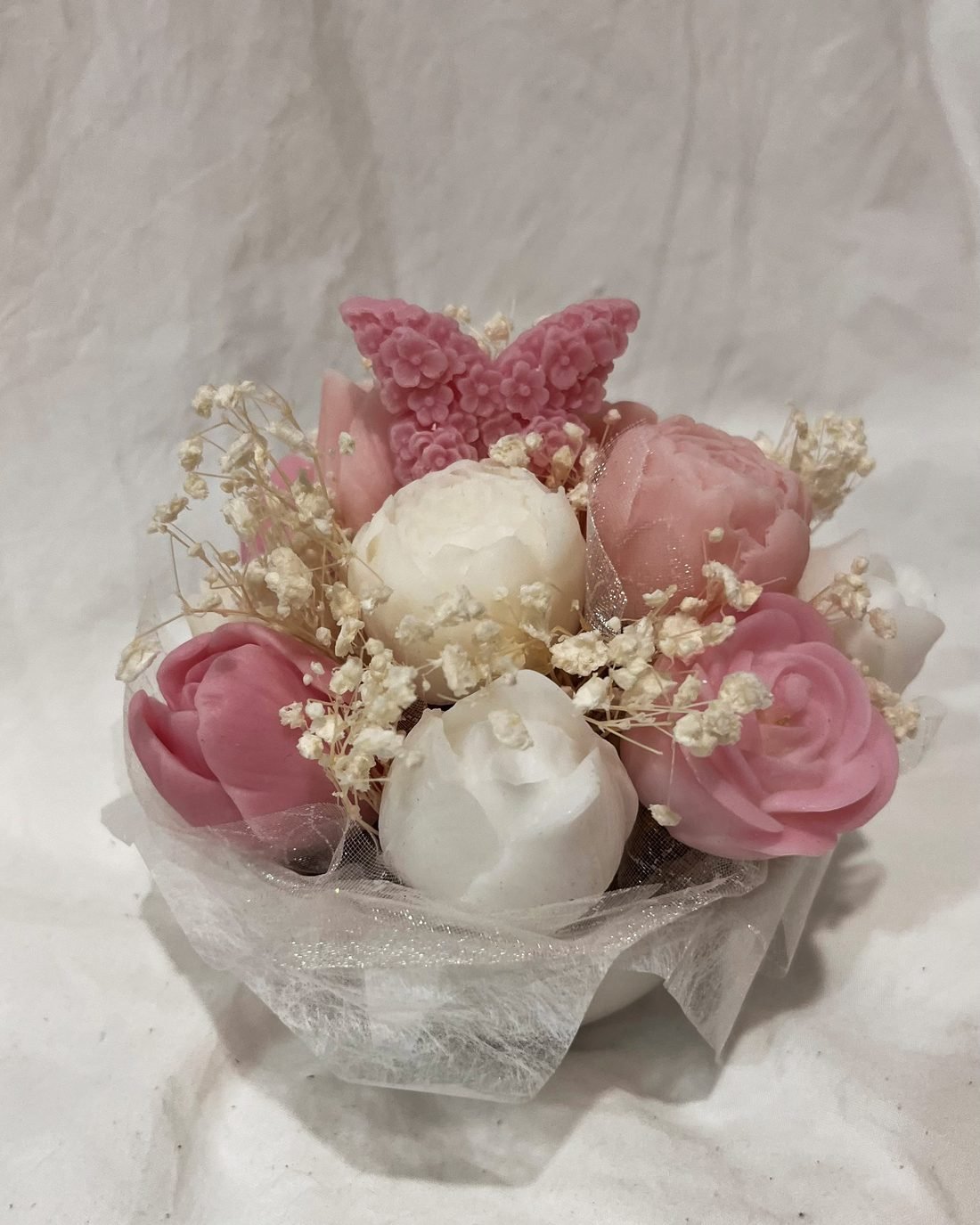 Petal Paradise soap flower arrangement in white and pink
